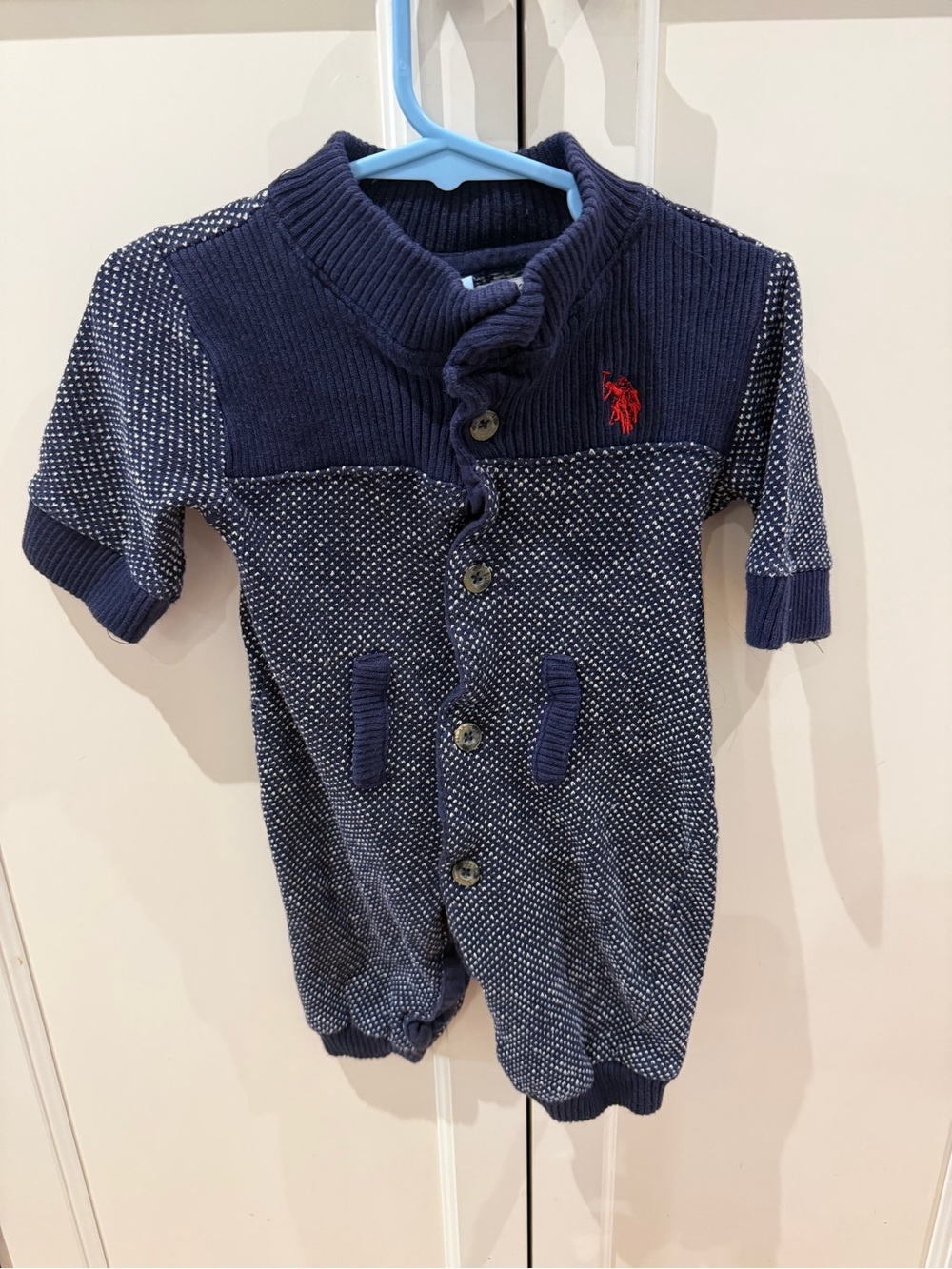 Us Polo 3-6m Navy Knit One-Piece Baby Romper with Red Logo
